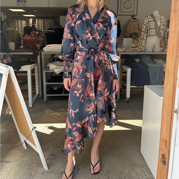 Dresses & Skirts - Dark Teal Satin Asymmetrical Flounce Trim Midi Dress